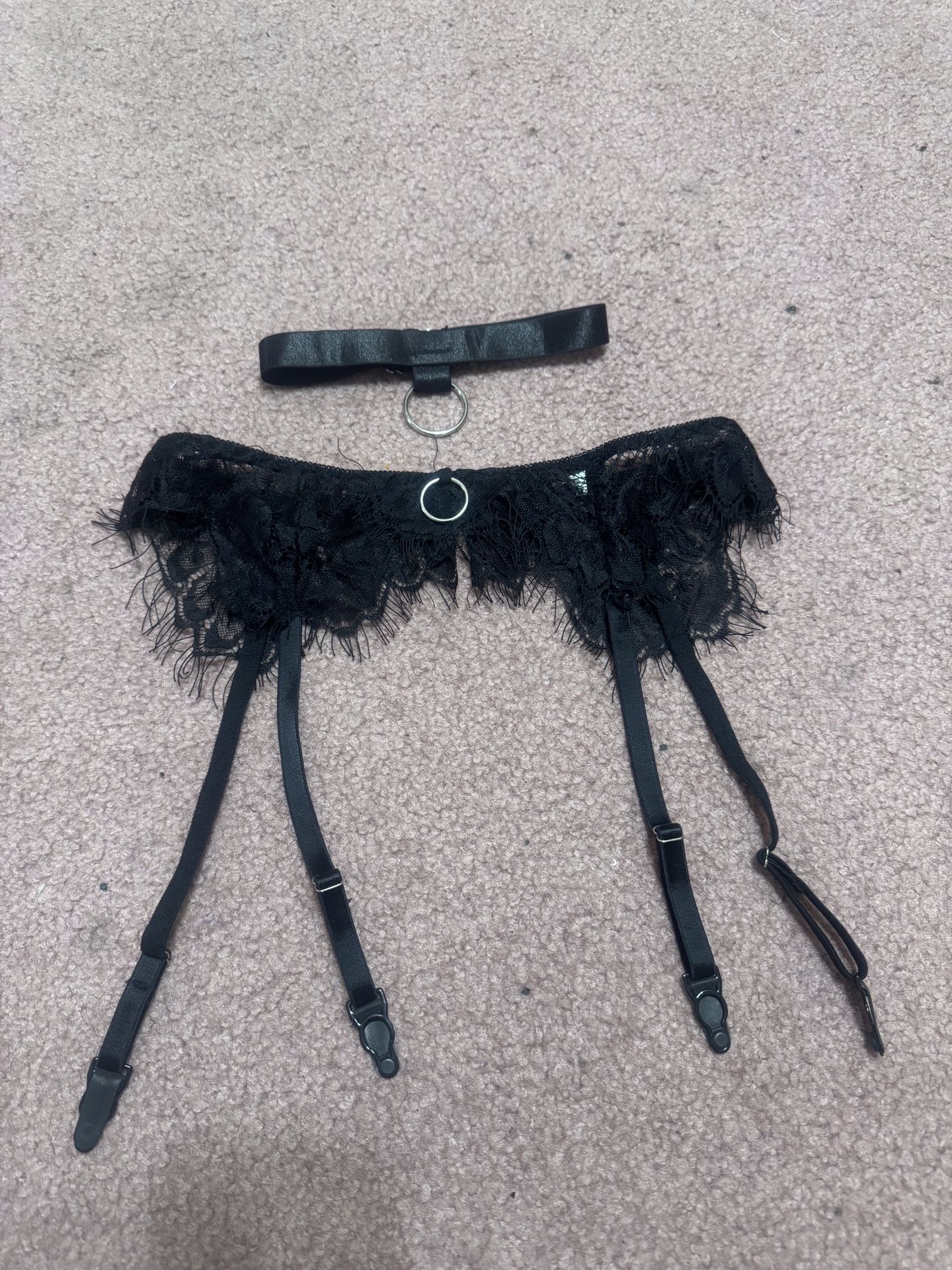 New Small Black Lace Garter Belt Choker Lingerie Set
