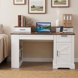 Kova 55" Farmhouse Office Desk with Storage Cabinet, Keyboard Tray and Charging Station