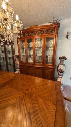 Ornate Wood China Cabinet with Glass Doors
