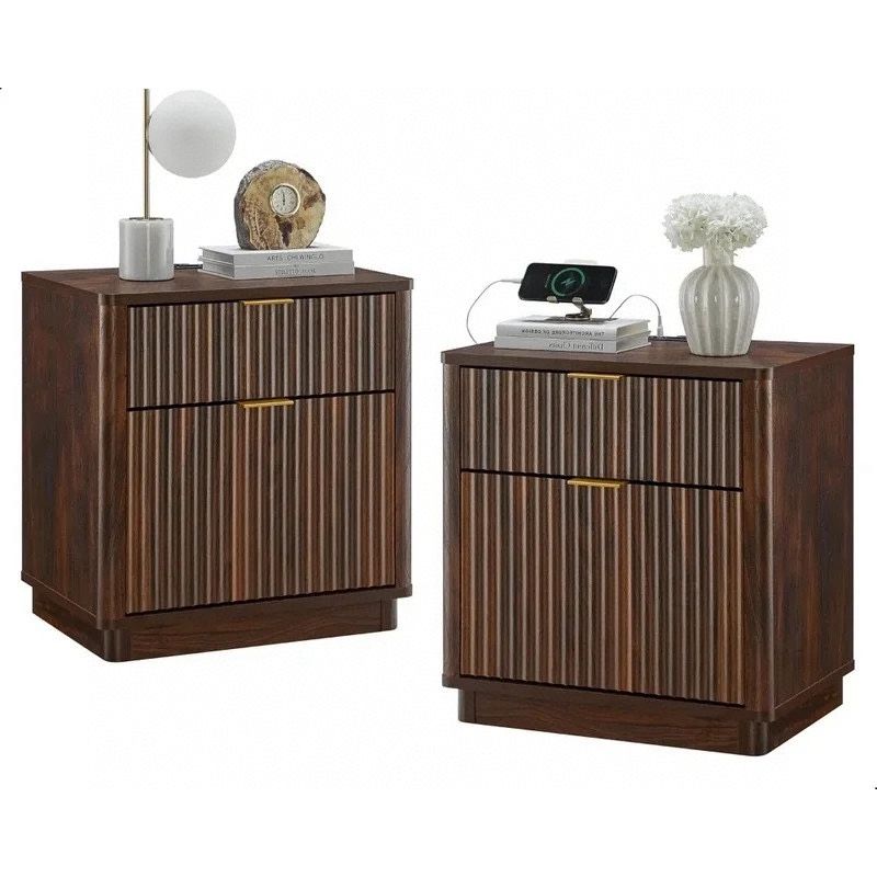 23'' Fluted Nightstand Set of 2 with Charging Station, Large 2 Drawer Bedside Table, Modern End Table with Storage Dark Walnut
