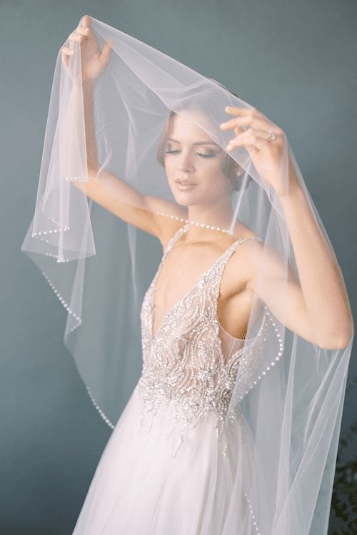 Toni Federici Phoebe Pearl Veil with Blusher in Ivory - Custom Made - Cathedral Length 