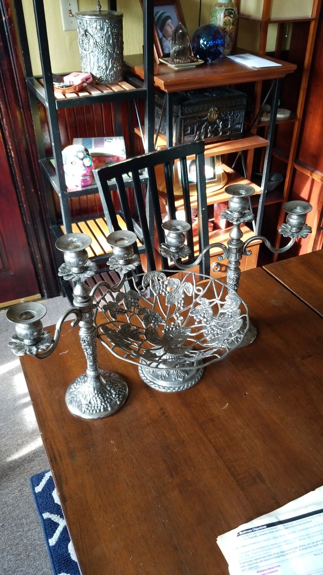 ANTIQUE PEWTER CANDLE SCONCES & Center bowl SET OF 3
