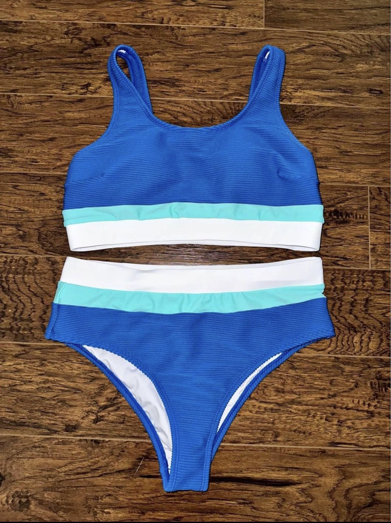 Sunny Blue Colorblock Bralette & Banded High Waist Bikini Set- Size Medium