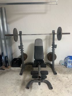 Weight Bench Set, Bar, Rack, and Plates