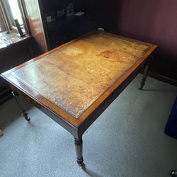 Antique Leather Top Writing Desk / Vintage Wood Office Table