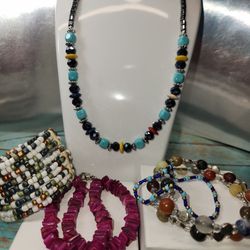 #2101, VINTAGE NATURAL TURQUOISE, STONES, &  SHELL PEARLS LOT OF 5 ITEMS
