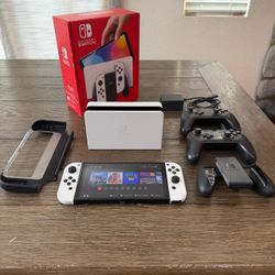 Nintendo Switch OLED White Panda Bundle 2 Pro Controllers Case microSD Box Mint