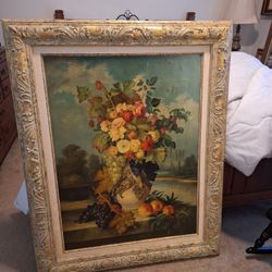 HUGE VINTAGE FLORAL OIL ON CANVAS