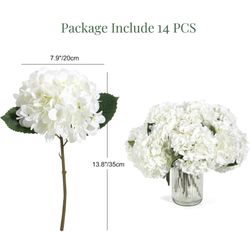 Auihiay 14 PCS White Hydrangea Artificial Flowers Bouquets, Large Artificial Hydrangea Flowers with Stems and Leaves, Silk Hydrangea Bouquets for Home