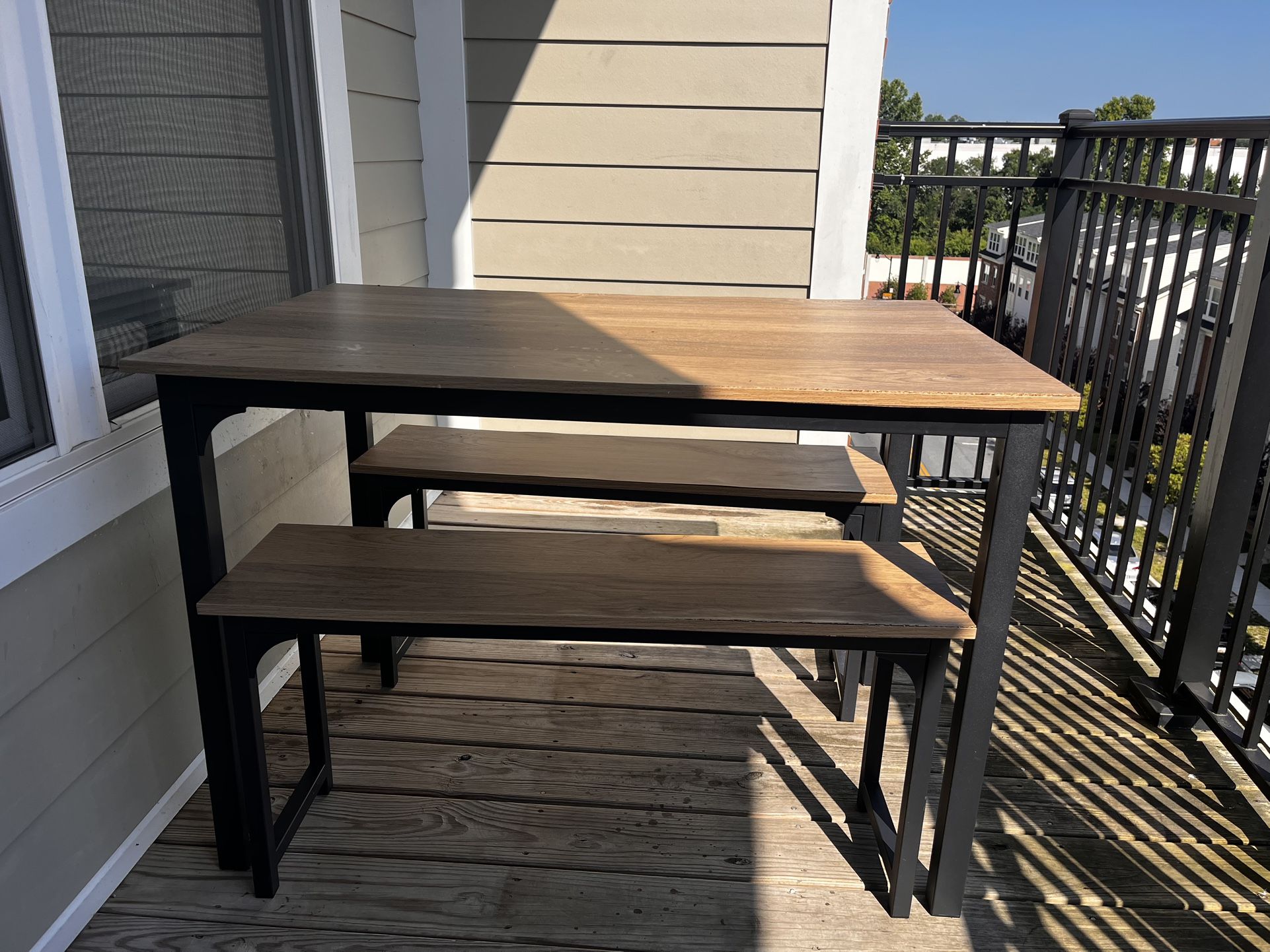 3-Piece Wood & Metal Dining Set – Table + 2 Benches (Sturdy & Space-Saving!)