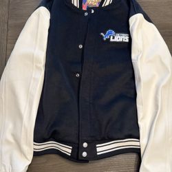 JEFF HAMILTON DETROIT LIONS WOOL & LEATHER VARSITY JACKET WHITE / BLACK
