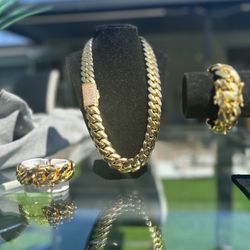 Miami Cuban Link Gold Plated Bracelet & Chain Necklace Set 