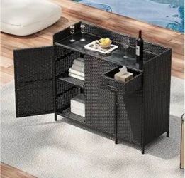 Black Wicker Patio Storage Cabinet Glass Top, 3 Doors 1 Drawer, 47.5 in