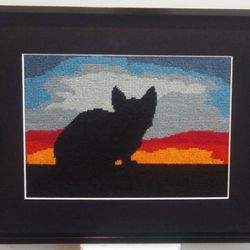 Black Cat Embroidered Art Original  Handmade Artwork 