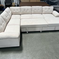 New! Ivory beige sectional sofa with pull-out bed, sectional, sofa, couch, Sofabed, sleeps sofa, brand new set! Dimensions 118”L x 92”D  Brand new dir