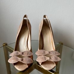 NINE WEST Spritzer Rose Gold Bow Peep Toe Pumps
