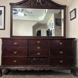 Vintage Solid Wood Carved Dresser with Mirror