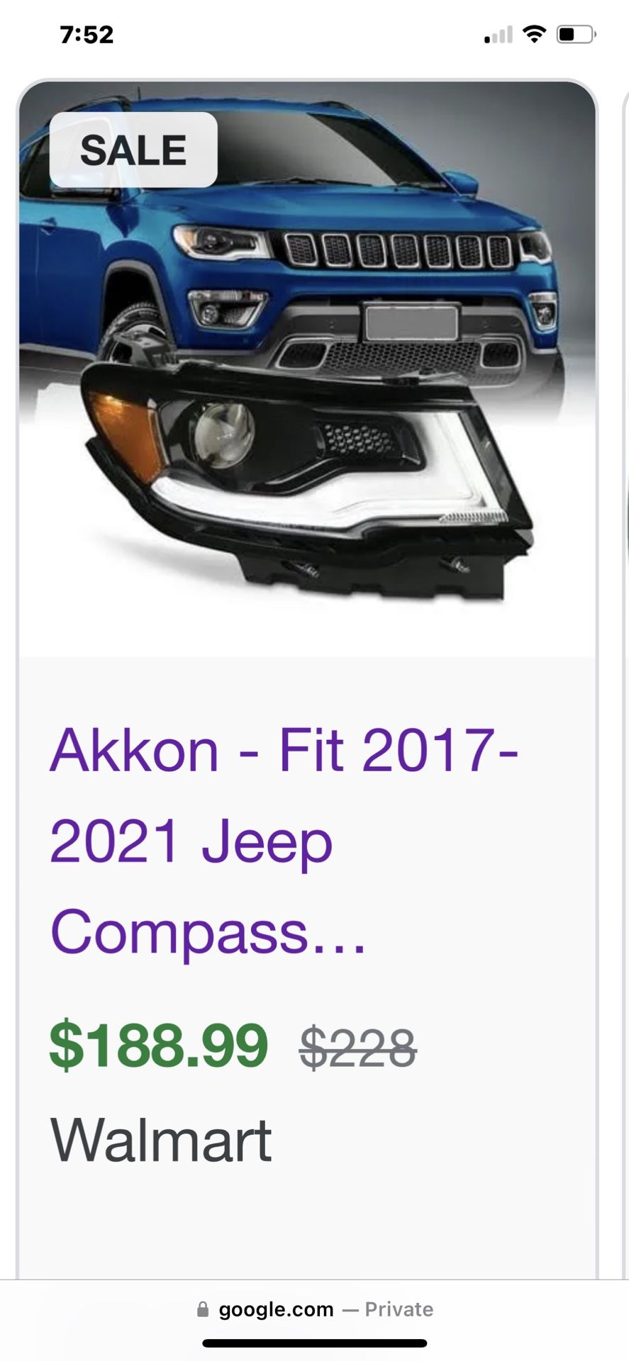 Aftermarket Right Passenger Side Headlamp 2018 Jeep Compass