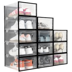 XL Shoe Storage Box, 12Pack Opaque Plastic Stackable Shoe Organizer for Closet, Interlocking Design Shoe Container Bins for Sneakers, Black