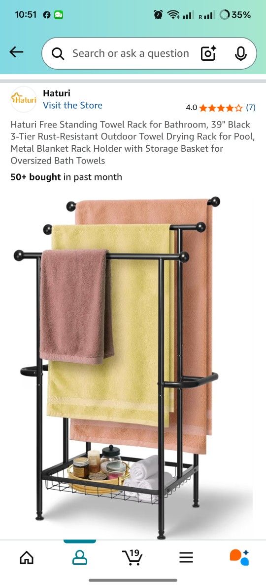 Haturi Free Standing Towel Rack for Bathroom, 39" Black 3-Tier Rust-Resistant Outdoor Towel Drying Rack for Pool, Metal Blanket Rack Holder with Stora