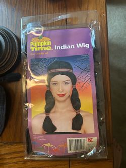 vintage "Pumpkin Time" brand Indian Wig, a Halloween costume accessory packaged inside its original clear plastic backing.