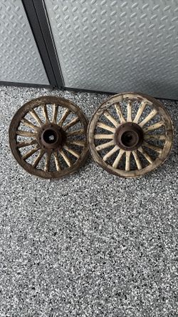 Two Antique Wooden Wagon Wheel 14” Diameter 