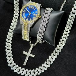 4-Pcs Men's Iced Out 14K White Gold-Plated Cubic Zirconia Wrist Watch With 24"Cuban Necklace +Bracelet & Cross Pendant 