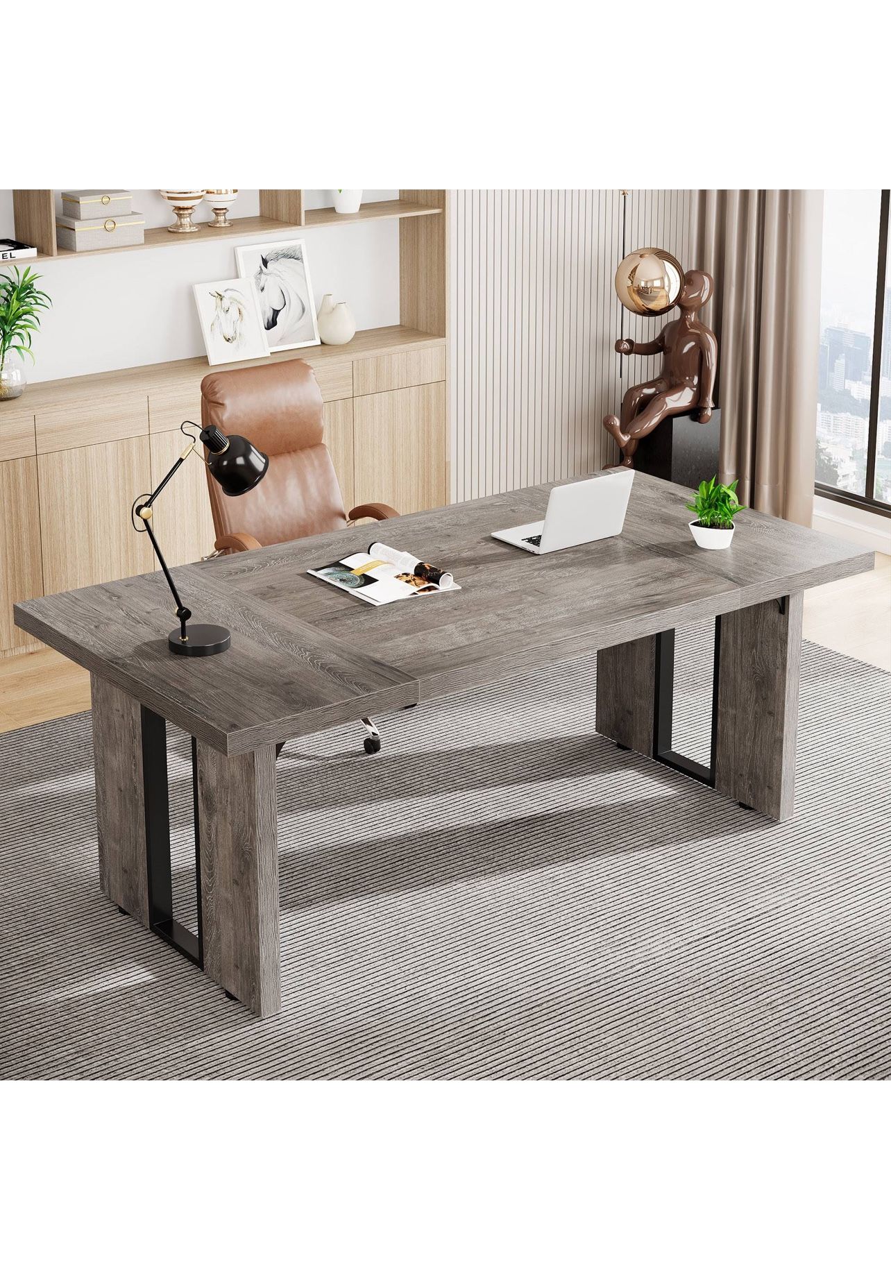 Executive Large Office Computer Desk, Study Writing  Workstation And Leather Chair Gray Or Brown Brand New in the Boxes 