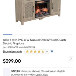 Brand New | allen + roth 59.5-in W Natural Oak Infrared Quartz Electric Fireplace