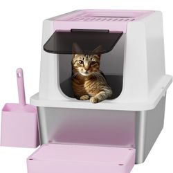  RIZZARI Stainless Steel Cat Litter Box, Odorless Enclosed Litter Box with Top Holes, Large Litter Pan for Small to Large Sized Cats (Pink, 24" L*16" 