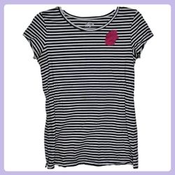 Black & White Striped Tee with Pink Flower Detail
