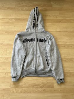 Supernal Gray Embroidered Barbed Wire Full Zip Hoodie