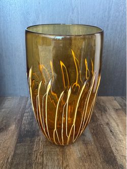 Amber Art Glass Vase with Flame Pattern ~7x24”