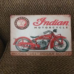 INDIAN MOTORCYCLE METAL SIGN. 12" X 8". NEW. PICKUP ONLY.
