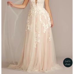 Oleg Cassini Illusion Plunge V Neck Lace Wedding Dress Size 24