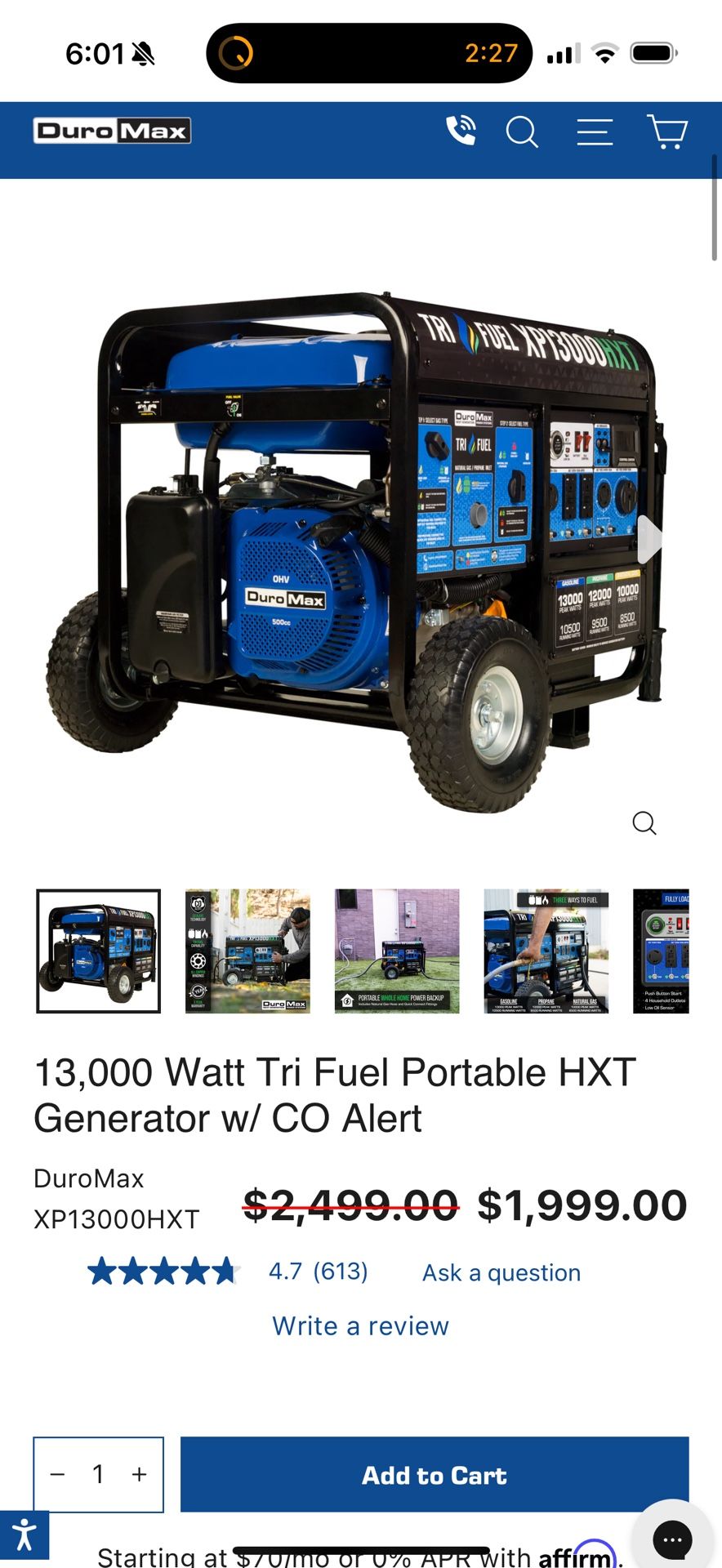 Brand New Open Box DuroMax 13,000 Watt Tri Fuel Portable HXT Generator w/ CO Alert