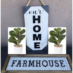 Farmhouse Home Decor Signs And 2 Plants - Bundle Of 4