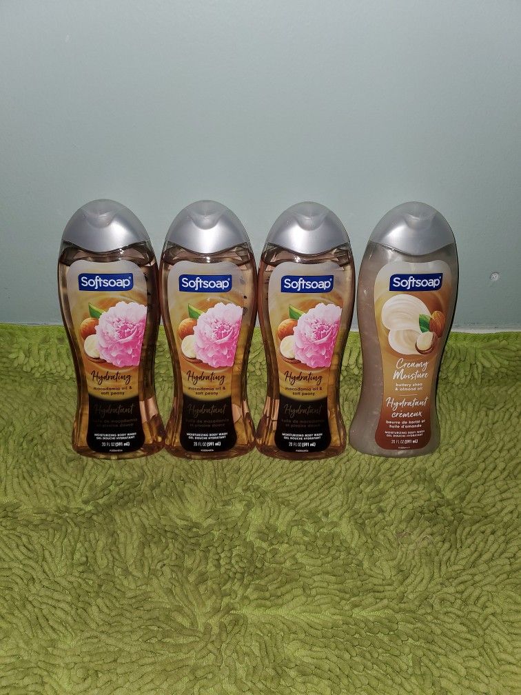 4 Softsoap Body Wash 20oz (3 Macadamia Oil & Soft Peony/1 Buttery Shea & Almond Oil)