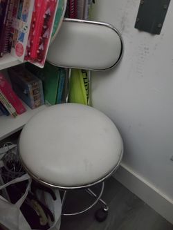 White Faux Leather Rolling Stool with Back