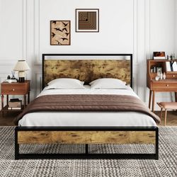 Queen Size Platform Bed Frame with Wooden Headboard and 13 Strong Steel Slats Support, Dark Brown