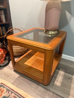 Vintage Oak End Table with Glass Top - Square Side Table with Lower Shelf