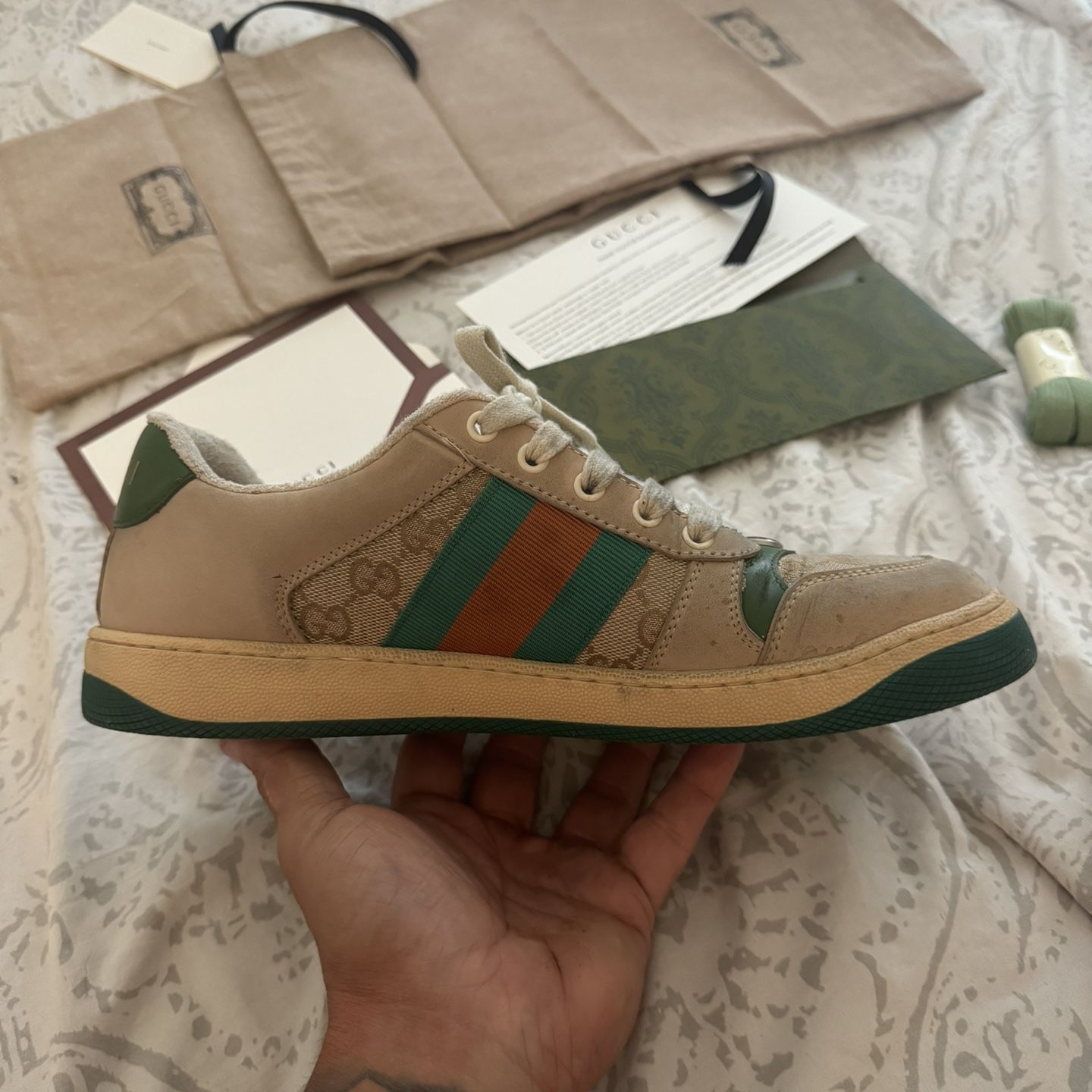 GUCCI - Screener Monogrammed Canvas and Webbing-Trimmed Distressed Leather Sneakers