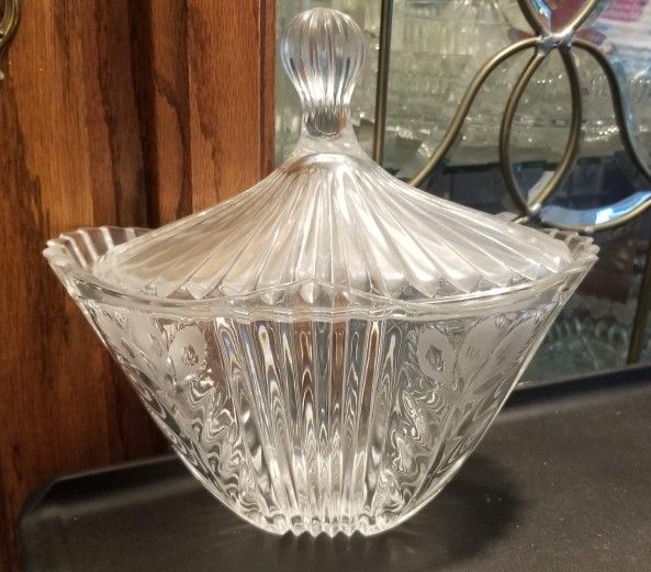 Vintage Crystal Lidded Candy Dish - Etched w/ Frosted Peacock Feathers (Made in Poland)