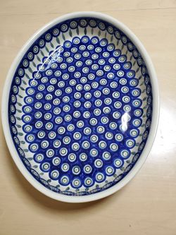 Large Oval baking dish/ server  by Bolesławiec Polish Pottery in the traditional Peacock Eye pattern