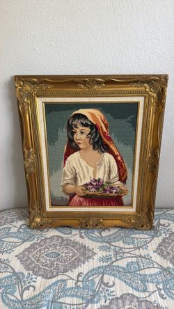 Framed Needlepoint Girl with Flowers