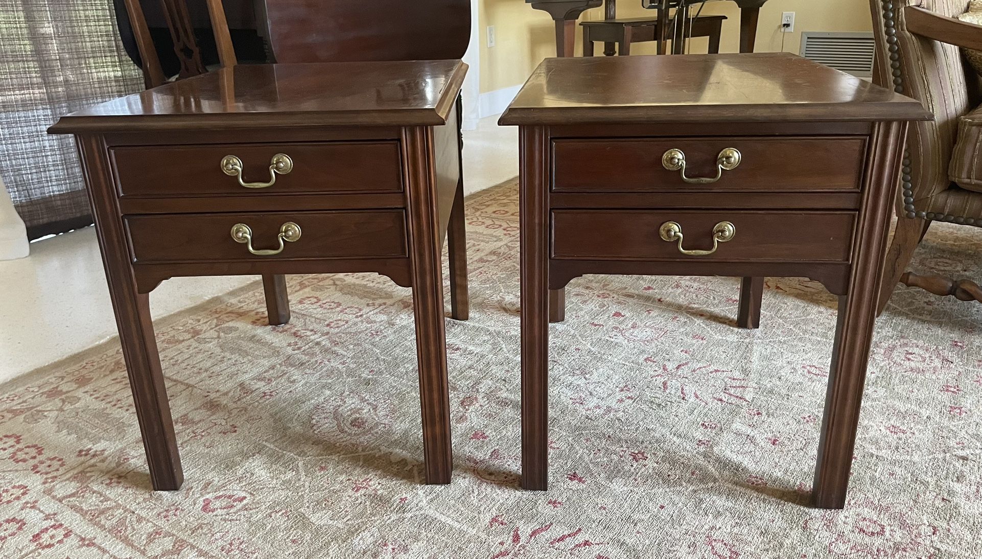 Pair of Vintage Signed Stickley Solid Cherry Traditional Chippendale Style End Tables with Drawers
