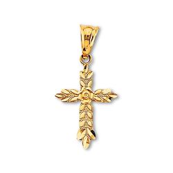 14K Gold Cross Pendant with Leaf Detailing and Sculpted Rose Accent | Faith Charm By Tehrani Jewelry