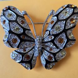 Nolan Miller Vintage Butterfly Silver/orange  Rhinestone Brooch Pin
