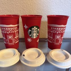 (2) new Starbucks 2025 Red Cup Day Holiday Christmas Reusable Coffee Cup & (1) New 2022 25th Anniversary Holiday reusable cup  ——-Price is firm, price
