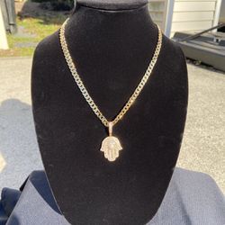 Gold Chain Cuban Link Necklace 20in 7mm And Icy Hamsa Pendant Set 